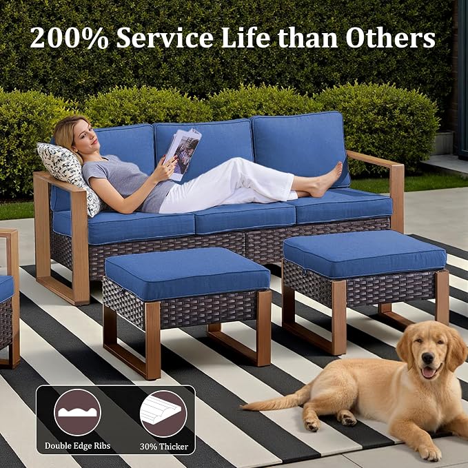 5PCS Swivel Patio Furniture Set, Outdoor Wicker Sofa and Swivel Rocker Chairs, All-Weather Conversation Set for Backyard, Deck and Poolside Blue