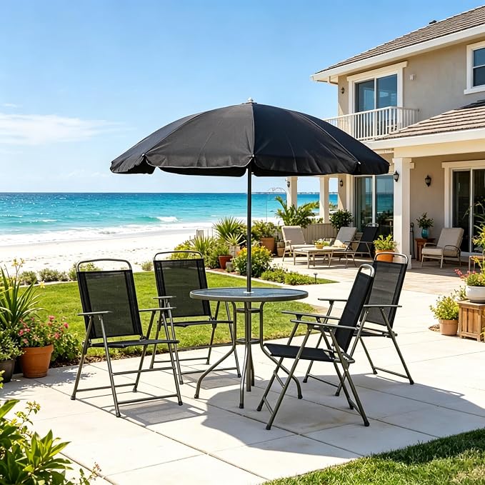 6-Piece Outdoor Dining Set with Umbrella, 4-Person Patio Furniture Set, Folding Chairs & Tempered Glass Table, 31.5" Dia. Table