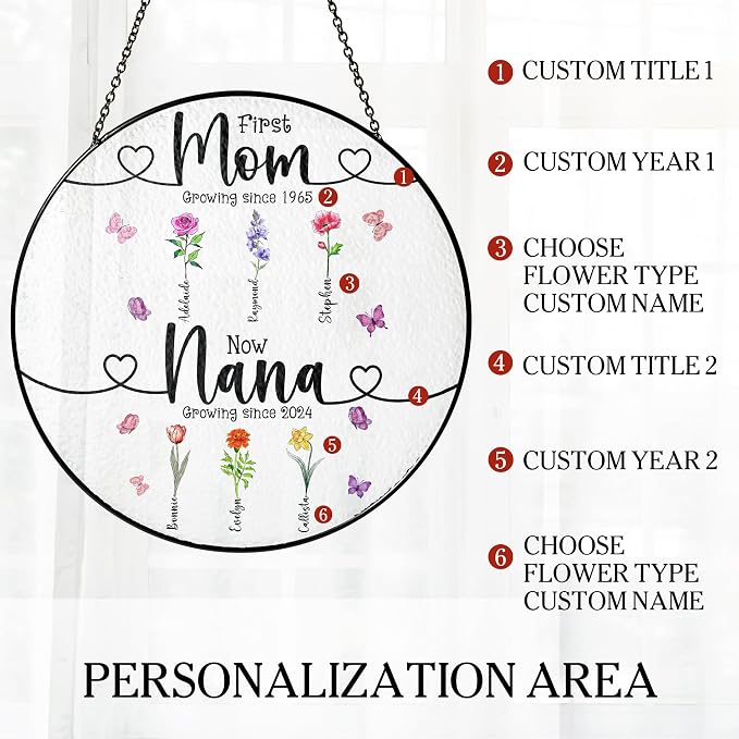 Personalized Birth Flower First-Now Grandma's Garden Stained Glass Window Hanging Suncatcher - Mother's Day, Birthday Gift for Mom, Grandma, Family, Custom Title, Names, Flowers