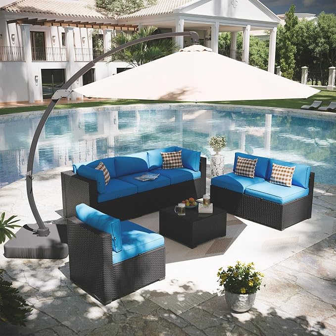 Aoxun Patio Furniture Set with Umbrella, 8 Piece Outdoor Sectional Sofas, Wicker Rattan Outdoor Furniture with Thickened Cushion for Backyard, Garden Peacock Blue