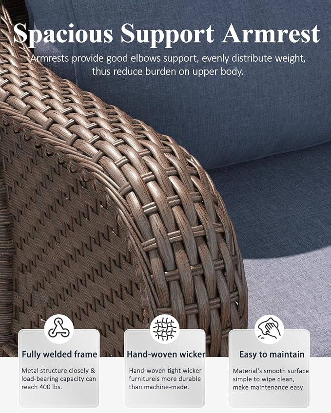 LayinSun 5 Piece Wicker Outdoor Furniture Set with 6-inch Comfy Cushions, High Back Patio Furniture Set with Swivel Rocking Chairs and Side Table