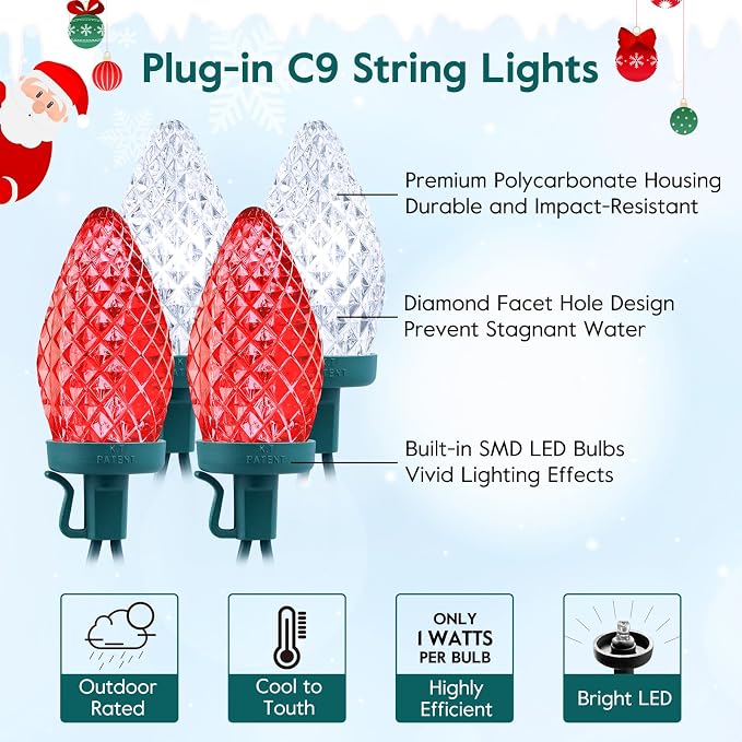 Brightown C9 LED Christmas Lights Outdoor, 66 ft 100 LED Strawberry String Lights, Waterproof Commercial Grade Extendable for Outside Roofline Patio Home Xmas Decoration, Red and White