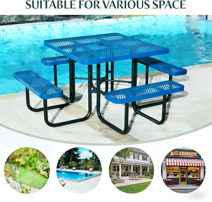 Garvee Heavy Duty Metal Picnic Tables for Outdoors with Umbrella Hole, 46" Square Top Patio Table Coated Steel Commercial Grade Furniture Set Weather & Rust Resistant (Expanded Steel, Blue)