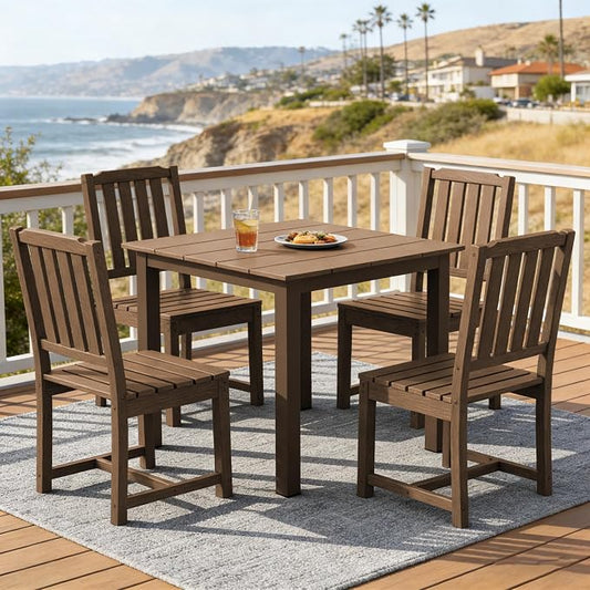 LOUNZY 5 Piece Outdoor Dining Set for 4, HDPE Patio Furniture, Brown | 4 person patio set, eco-friendly HDPE, Space-saving heat resistant surface, family friendly outdoor dining solution