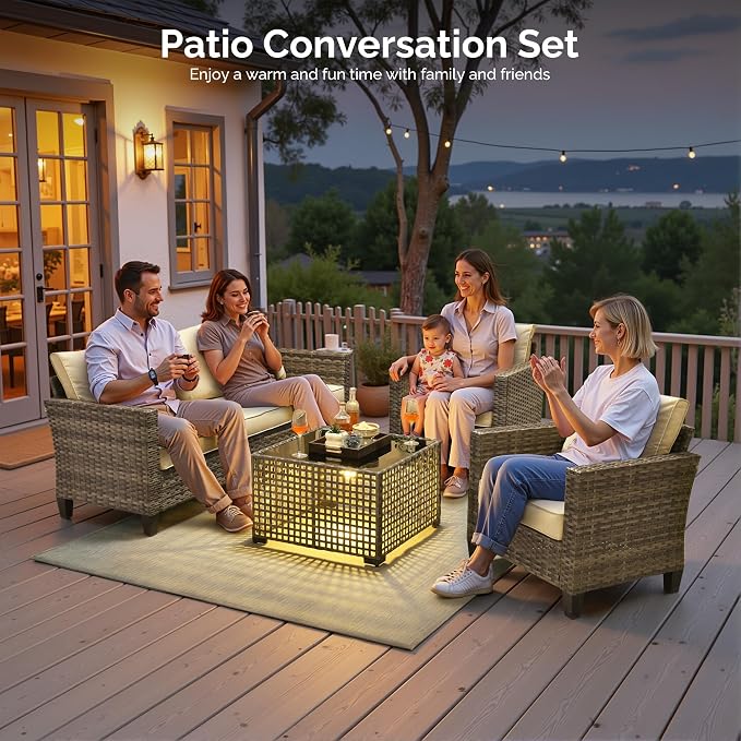 4 Piece Wicker Patio Furniture Set with Solar Table, Beige | Outdoor Deep Seating Sofa Chair, Solar Lights Table, All Weather Rattan, Modern Conversation Set, Porch Deck Backyard