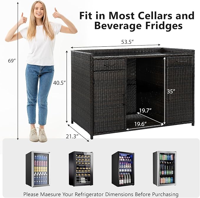 RUNNA 53.5" W Outdoor Wicker Storage Cabinet with Fridge Space,Weatherproof Outdoor Mini Fridge Bar Cabinet with Adjustable Shelves & Drawers for Pool Towel Storage,Garden,Kitchen (Black+Brown#64)