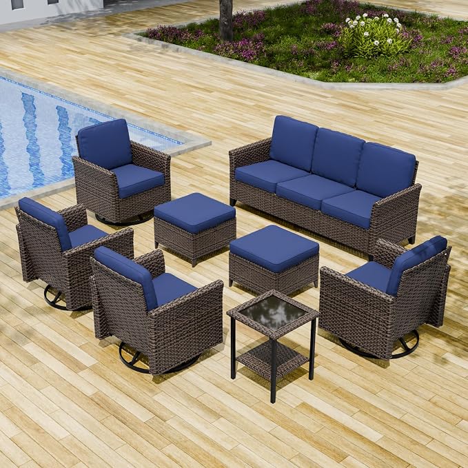 COOS BAY Harbor Retreat 8 Piece Outdoor Furniture Set, Patio Conversation Set with 4 Swivel Rocking Chairs, 3 Seat Couch, Side Table & Ottomans, Wicker Furniture, Brown/Blue
