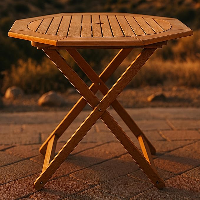 Sunnydaze Meranti Wood Folding Outdoor Table with Umbrella Hole - Foldable Patio Table for Dining & Gatherings - Teak Finish - Octagon
