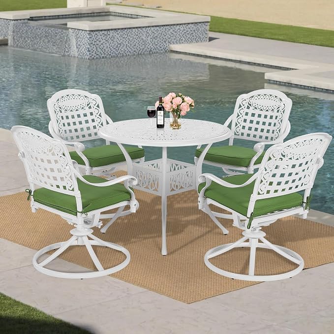 MEETWARM 5-Piece Outdoor Patio Dining Set, All-Weather Cast Aluminum Patio Conversation Set with 4 Cushions Swivel Rocker Chairs for Backyard Garden Deck and 35.4" Round Table, White