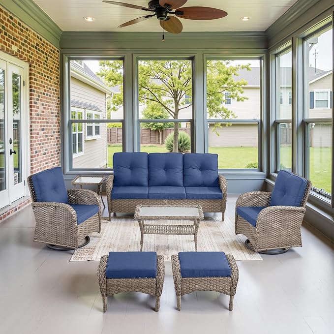 Belord Wicker Outdoor Furniture Set - 7 Piece Patio Conversation Sets with Comfort Swivel Rocker Glider Chairs Set of 2 & Rattan Sofa, Tempered Glass Coffee Table & Side Table Gray/Blue