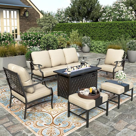 HERA'S HOUSE 6 Pieces Patio Furniture Set with Fire Pit Table, 2 x Single Chair, 2 x Ottoman, 3-Seat Sofa with 45" Fire Pit Table, Outdoor Conversation Set for Garden, Poolside, Backyard