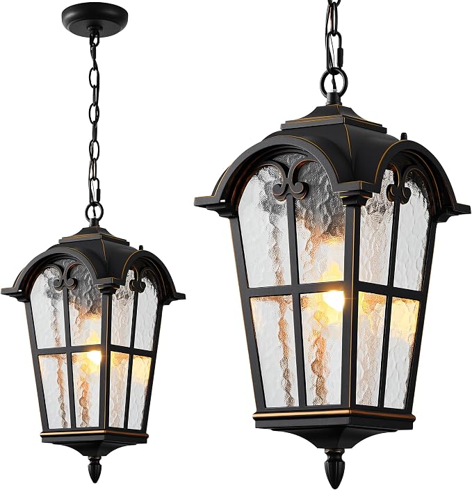 VIANIS Black Large Outdoor Pendant Light, Vintage Outdoor Chandelier with Gold Trim, Outside Hanging Light for Porch, Doorway, Entryway, 100% Aluminum, Anti-Rust Adjustable Length Chandelier