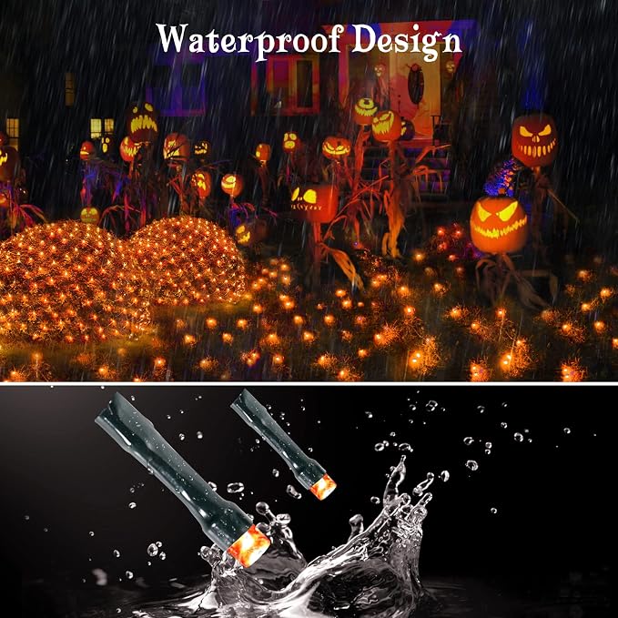 BlcTec Halloween Net Lights 360 LED 9.8ft x 6.6 Orange Halloween Lights with 8 Modes, Timer, Connectable, Waterproof & Dark Green Wire Design for Lawn, Porch, Shrub, Bushes Outdoor Holiday Decorations