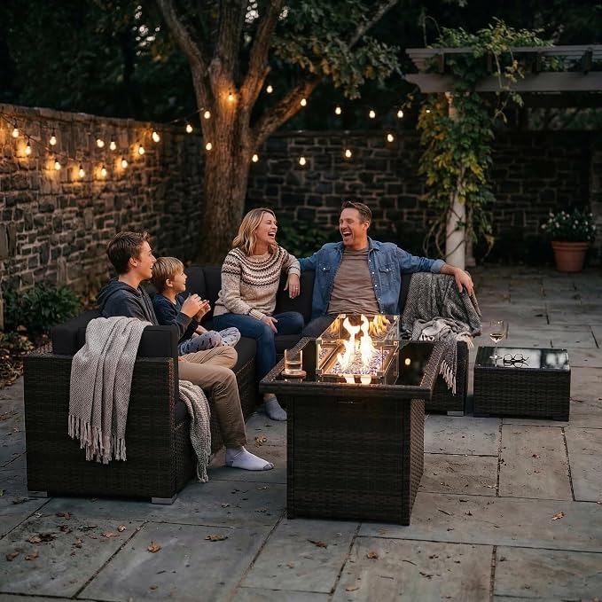 10 Pieces Patio Furniture Set with 44" Propane Gas Fire Pit Table, Outdoor Sectional Brown Rattan Wicker Conversation Sofa Sets with Coffee Table