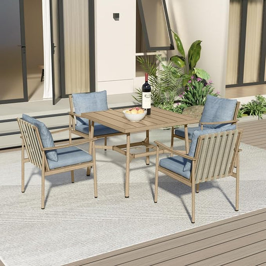 5-Piece Outdoor Dining Set for 4, Aluminum Patio Dining Set with Cushions, 4 Dining Chairs with Rope Backrest, Square Table with Umbrella Hole, Patio Dining Set for Lawn Porch Backyard, Grey
