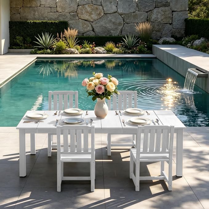 PLUUV 5-Piece Outdoor Dining Set – HDPE Patio Furniture with Aluminum Table, Umbrella Hole, and 4 Armless Chairs, All-Weather Resistant for Garden & Backyard, White