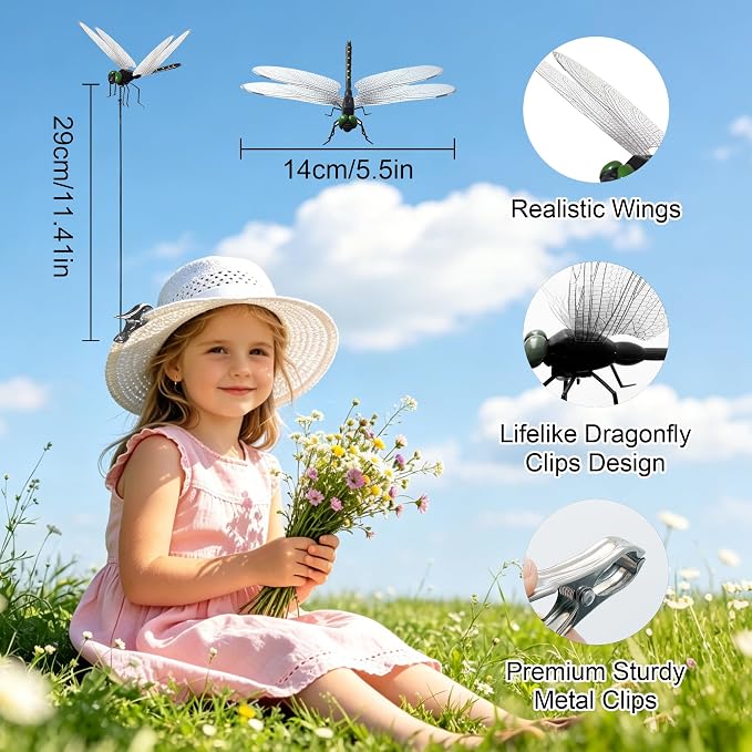 16Pcs Black Dragonfly Clip, Realistic DIY Fake Dragonflies Garden Outdoor Decor, Plastic Dragon Fly Clips Decorations with Pliers & Clips(Large)