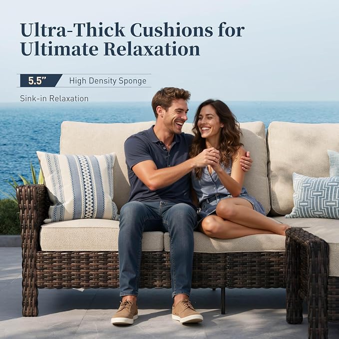 Patio Furniture Set with Swivel Chairs, High Back Wicker Rattan Furniture with 5.5" Thick Cushions, Fire Pit Table and Ottomans, All Weather Outdoor Conversation Set for Backyard Deck,9 Seats, Beige