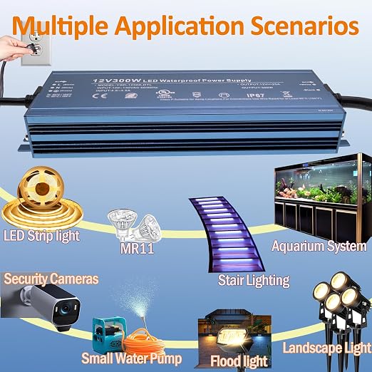 12V 300W UL Listed LED Power Supply with 3.28ft US Standard Plug Wire | Waterproof IP67 Low Voltage Transformer, 100V-130V AC to 12V DC Converter for DC12V LED Lighting Products