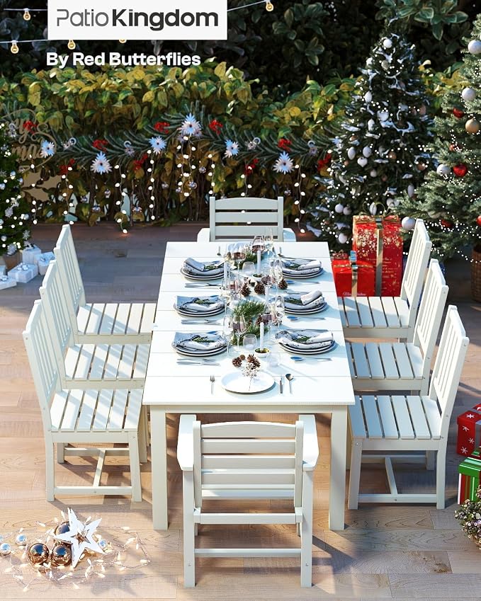 7-Piece Outdoor Dining Set with 11FT Umbrella for 6,White | 75.2'' HDPE table, chairs included, weather-resistant furniture with hole, ideal for lawn, poolside, yard, garden, deck