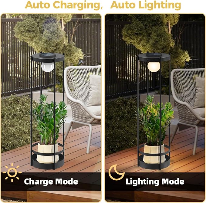 Outdoor Solar Floor Lamp with Plant Stand 2 in 1 Heavy-Duty Metal Flower Pot for Real/Fake Flowers, Adjustable Height, Waterproof Dusk to Dawn, Standing Light for Patio, Yard, Garden (35.5"H - 1Pack)