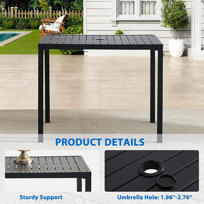5-Piece Outdoor Dining Set, 35.5" Square Metal Patio Table with Beige Chairs, Black Table with Umbrella Hole for Garden, Yard, Patio
