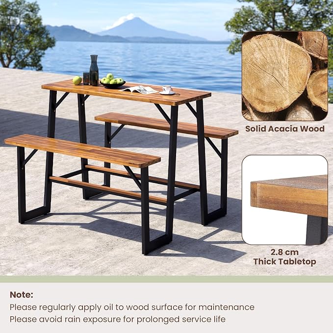 Giantex 4.5FT Picnic Table Bench Set for 4, Acacia Wood Outdoor Dining Table Set, 2" Umbrella Hole, Heavy Duty Metal Frame, Footrest Bar, Large Rectangular Tabletop for Porch Patio Lawn Garden