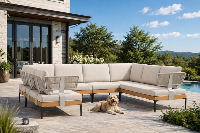 PURPLE LEAF Patio Furniture Set Outdoor Sectional Sofa with Removable Cushions and Pillows Wicker 8 Pieces U-Shaped Couch Modern Conversation Sets for Balcony Yard Garden Poolside, Oatmeal Greige
