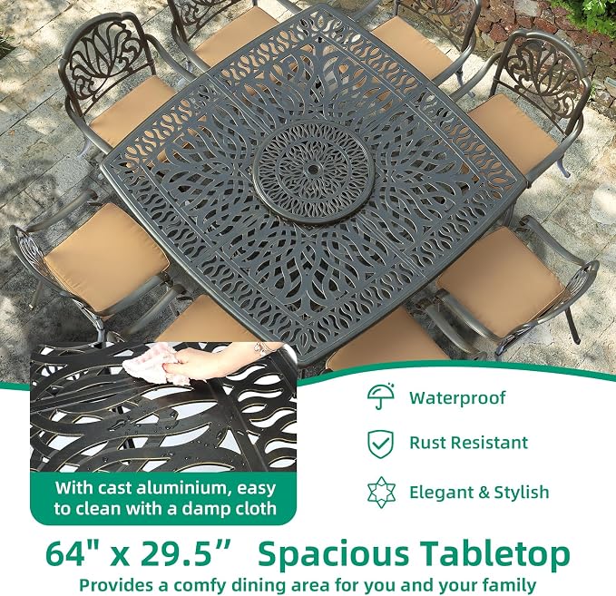 VIVIJASON Outdoor 64" Patio Dining Table for 8 Person, Large Square Dining Table with 24" Lazy Susan, Dark Bronze Cast Aluminum Rustic Patio Table W/Umbrella Hole for Balcony, Porch and Deck