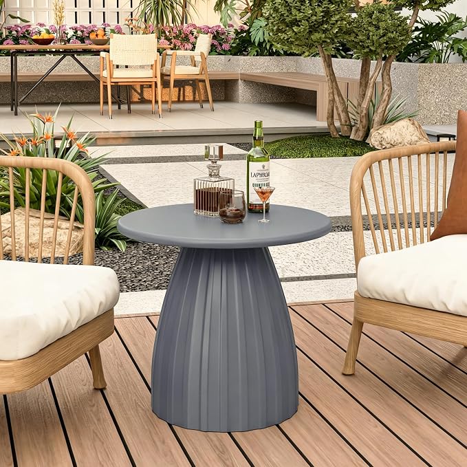 Round Metal Outdoor Patio Side Table, Steel Outdoor Accent Table, Small Patio End Table, for Garden, Pool, Yard, Balcony, Living Room, Deck, Weather Resistant, No Assembly, Grey
