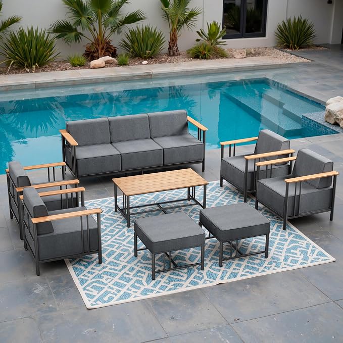 Luxury Patio Furniture Set with 10" Extra Thick Cushions, 8 PCS Outdoor Furniture Set with Patio Chairs & Couch & Coffee Table, Suitable for Porch, Balcony, Deck, Yard, Poolside, Black/Grey