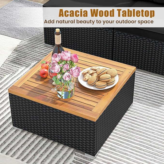 RELAX4LIFE 5-Piece Wicker Outdoor Furniture - PE Rattan Sectional Conversation Set w/4 Armless Sofas & Acacia Wood Coffee Table, Cushioned Patio Sofa Set for Garden Poolside Backyard Porch (Black)