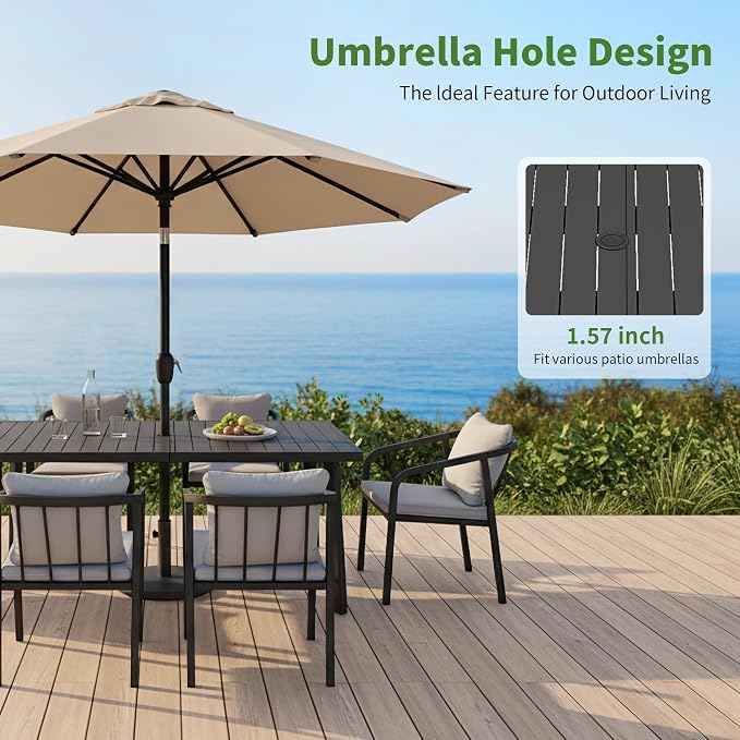63"x35" Never-Rust Aluminum Outdoor Dining Table – Rectangular Patio Table for 6 with Umbrella Hole, Heavy Duty All-Weather for Poolside, Garden, Backyard, Porch, Deck, Black