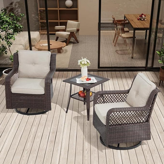 3 Pieces Patio Swivel Chairs, Wicker Patio Conversation Sets with Rocking Chair, Side Table for Outdoor Garden Porch Backyard(Beige)