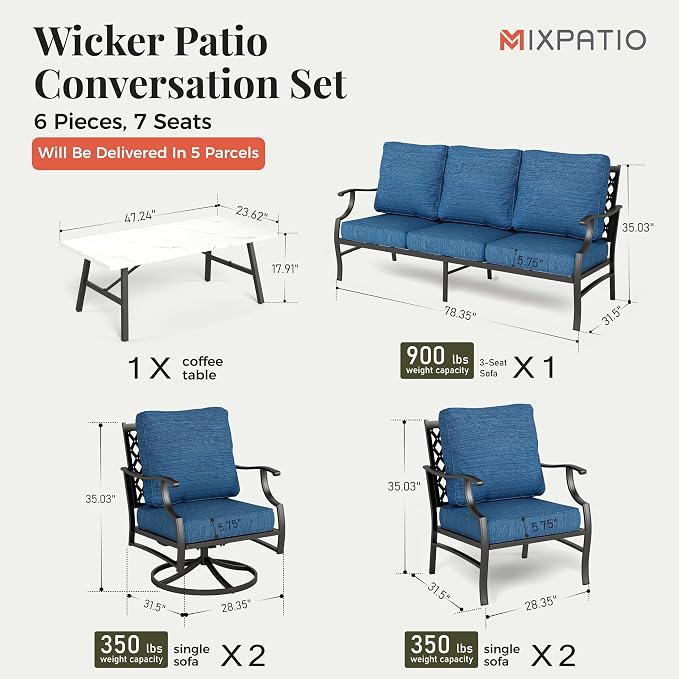 MIXPATIO Patio Furniture Set 6 pcs, Outdoor Patio Furniture, 1 X 3-Seat Sofa, 2 X Single Chairs, 2 X Swivel Chairs, 1 X Coffee Table and 5.75" Extra Thick Cushion, Patio Conversation Set,Gemstone Blue