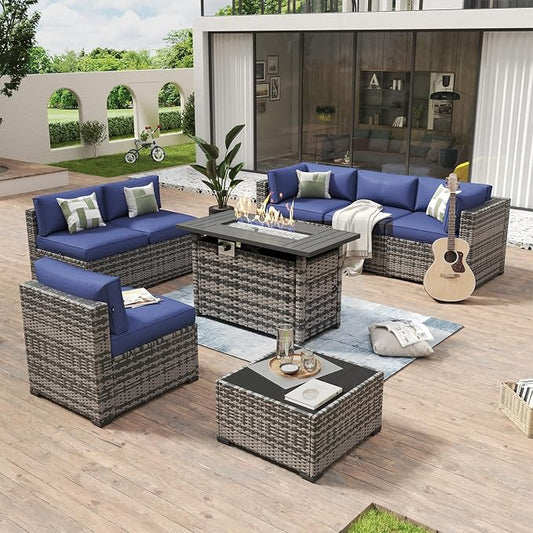 Aoxun 8 Piece Patio Furniture Set with 44” Fire Pit Table Paito Conversation Set Wicker Rattan Outdoor Sectional Sofa Set with Thickened Cushions (Grey/Blue)