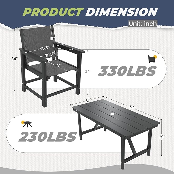 7 Pieces Outdoor Dining Sets HDPE Patio Dining Table and Chair Set for 6 | with Umbrella Hole;