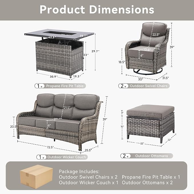 Luxury Patio Furniture Set with Fire Pit Table-6 Pieces All Weather Outdoor Swivel Rocker Chairs with Sofa and Ottomans. Outdoors Patio Conversation Sets for Porch Deck Garden Backyard(Grey/Grey)