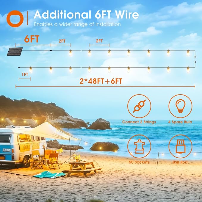 addlon 100FT(2FT) Solar String Lights Outdoor, with 50 Bulbs, Last 20+ Hrs | USB Charging, IP65 Waterproof. Dimmable Timer via Remote. Memory, 3 Modes, 2700K Warm White. Easy Install for Patio, Porch.