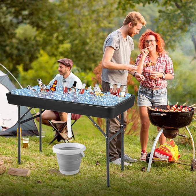 Giantex 4 FT Folding Ice Cooler Table with Drain & Bucket, Removable Skirt, No Assembly, Portable Fill and Chill Table for Food Drink Beverage, Foldable Party Ice Bin for Camping BBQ, Black