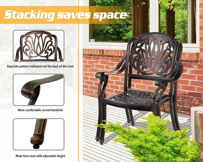 TITIMO 9-Piece Cast Aluminum Patio Furniture Set, Outdoor Patio Dining Set Bistro Conversation Set, Rectangular Dining Table Set w/Cushions Umbrella Hole (Khaki-Fixed Elizabeth Chair, 9 Pcs)