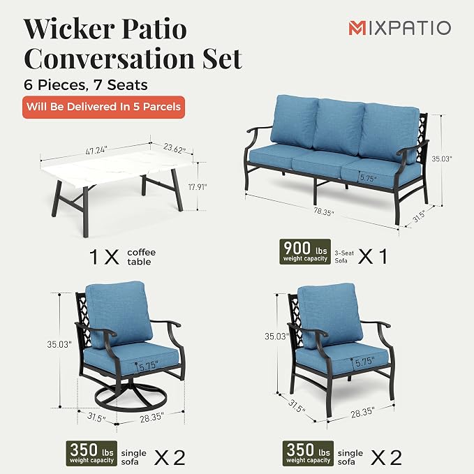 MIXPATIO Patio Furniture Set 6 pcs, Outdoor Patio Furniture, 1 X 3-Seat Sofa, 2 X Single Chairs, 2 X Swivel Chairs, 1 X Coffee Table and 5.75" Extra Thick Cushion, Patio Conversation Set,Navy Blue