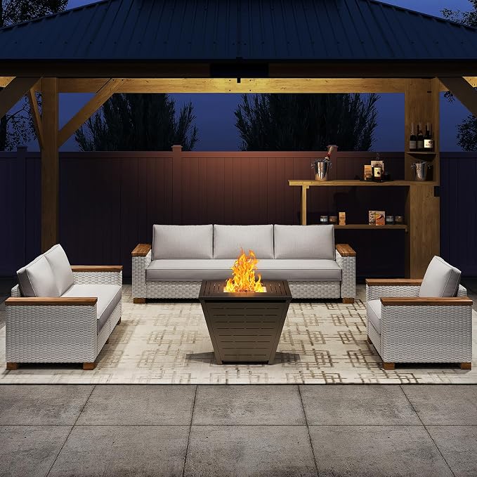 LUXOAK Patio Furniture Set, 6 Piece Wicker Patio Conversation Set with Wide Solid Wood Armrest, All Weather Outdoor Sectional Furniture with Wood Legs for Backyards, Porch, Poolside, Garden, Balcony
