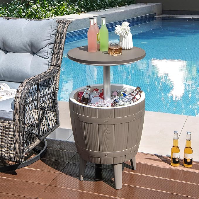 LDAILY Outdoor Cooler Table, 3-in-1 10 Gallon Ice Bucket with Height-Adjustable Tabletop, Cocktail Side Table with 110LB Capacity & Drain Plug for Poolside, Backyard, Patio Parties (Brown)