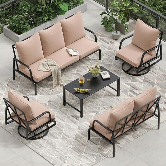 Soohow Outdoor Patio Furniture Set, 5 Piece Patio Furniture Set, 2 x Swivel Chair, 1 x 3-Seats Sofa, 1 x 2-Seats Sofa, and 1 x Coffee Table, Metal Conversation Set for Porch, Balcony, and Backyard