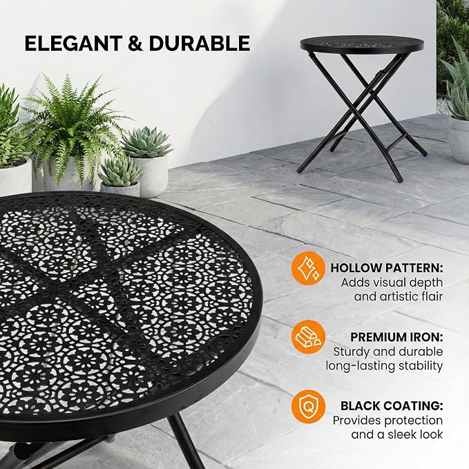 18 Inch Outdoor Round Folding Table, Black Metal Patio Side Table with Hollow Floral Design, Small Weather Resistant Steel Garden Bistro Table for Balcony, Porch, Yard