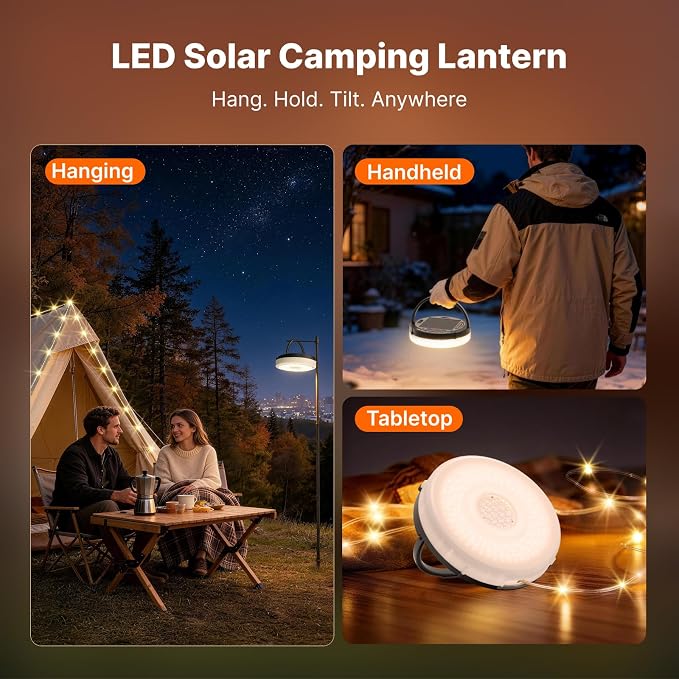 Solar Camping String Lights, 5400mAh/ 49.2FT/ 11 Modes Rechargeable | Camping Lights Outdoor/Indoor, 4-in-1 Quick Storage Fairy Tent Lights Portable LED Lamp for Patio Yard Party Decor Essentials