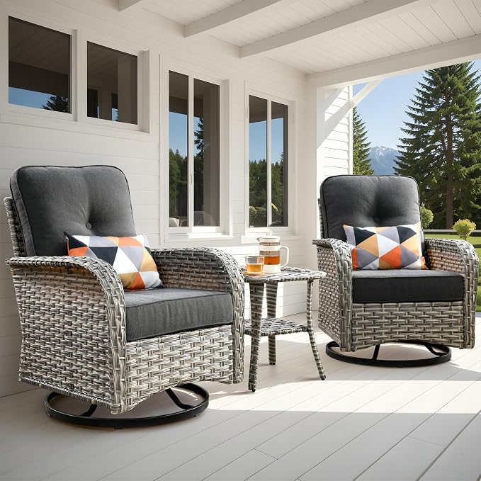 Outdoor Swivel Rocking Chairs Set of 2 with Rattan Side Table, Black