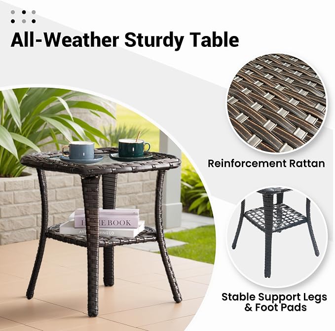 ovios Outdoor Side Table with Tempered Glass Top, Patio Wicker Rattan 2-Tier Storage Coffee End Tables for Porch Deck Balcony Garden Poolside (Brown-Small Size)
