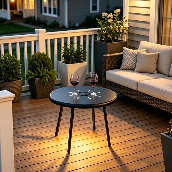 Meluvici Outdoor Side Table, 19.7" Round Solar Coffee Table with LED Lights, Waterproof Metal Patio End Table for Garden, Backyard, Balcony, Deck, Patio Furniture